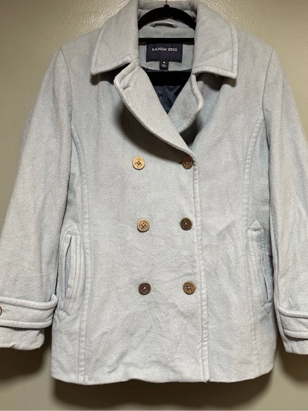 Lands End Pea Coat Womens 14 Teal 80% Wool Blend Lapel Double Breasted Nautical